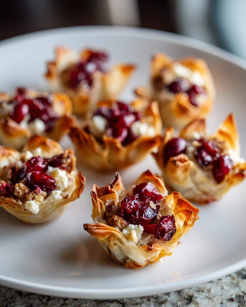 Close-up of baked phyllo cups filled with turkey, cheese, and bright red cranberry topping, perfect Turkey & Cranberry Thanksgiving Treats.