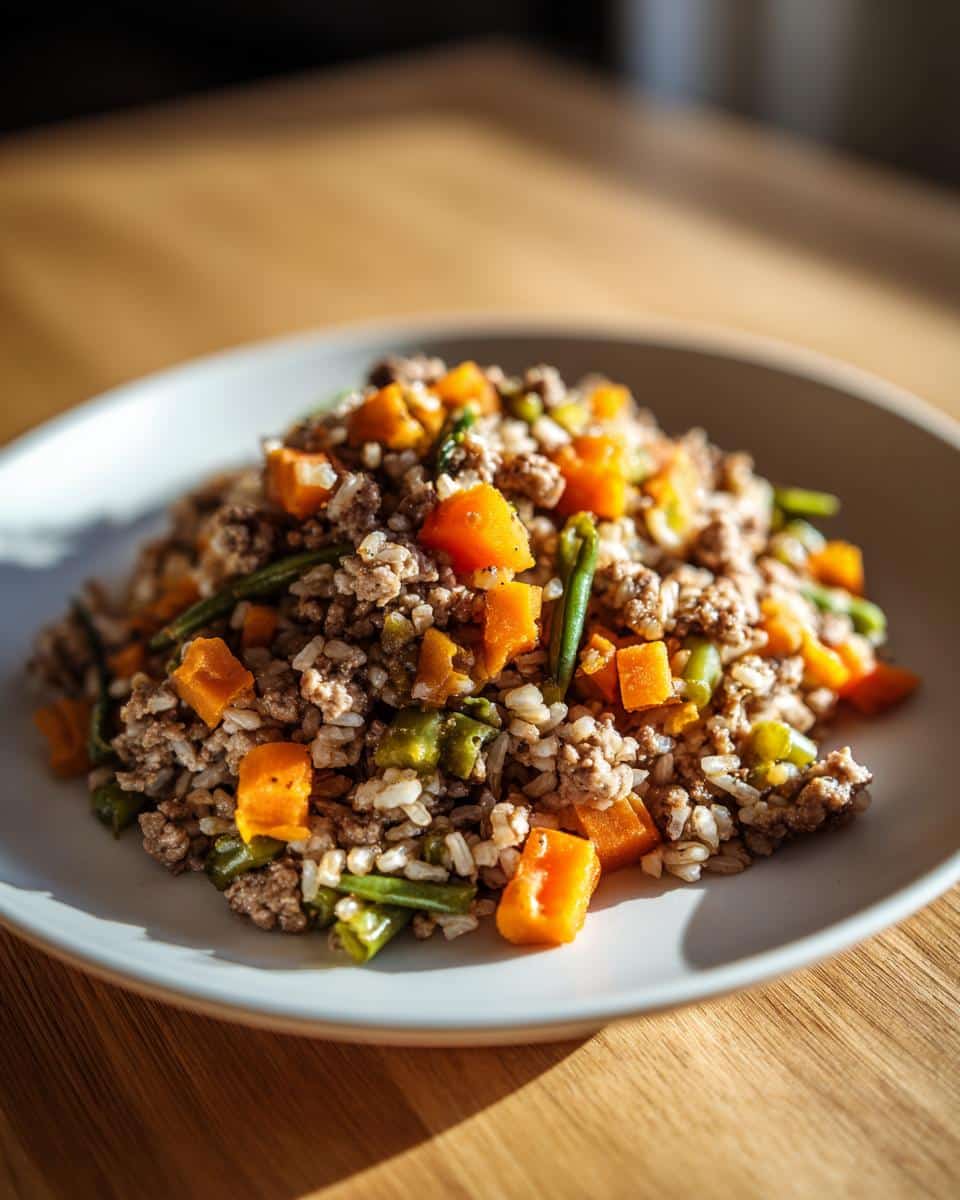 A close-up of homemade Turkey Dog Food with Veggies and rice served on a light plate.