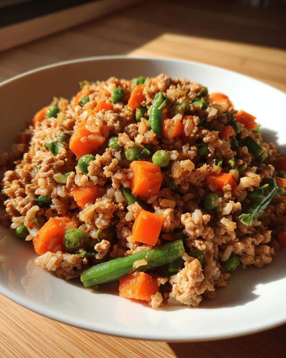 A white bowl filled with homemade Turkey Dog Food with Veggies, featuring ground turkey, rice, carrots, peas, and green beans.