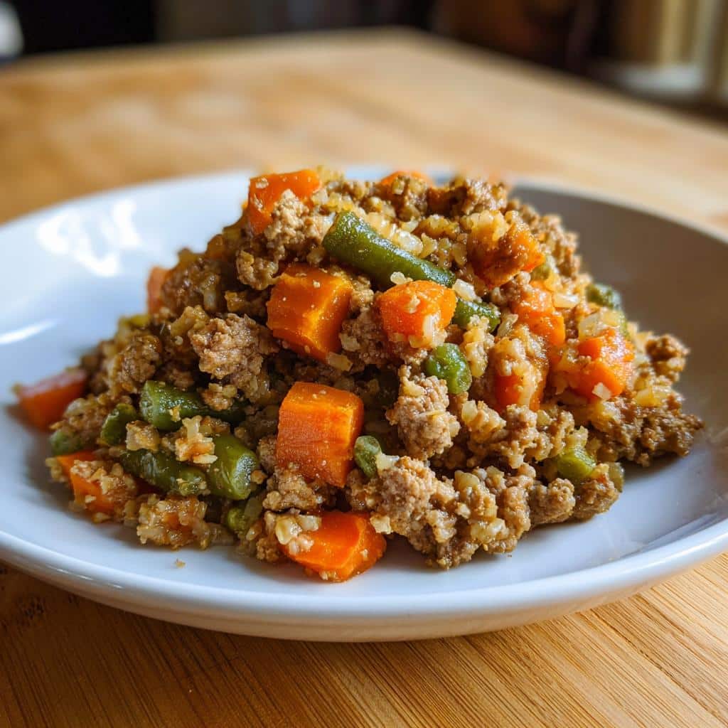A close-up of homemade Turkey Dog Food with Veggies, featuring ground turkey, diced carrots, and green beans mixed with rice.