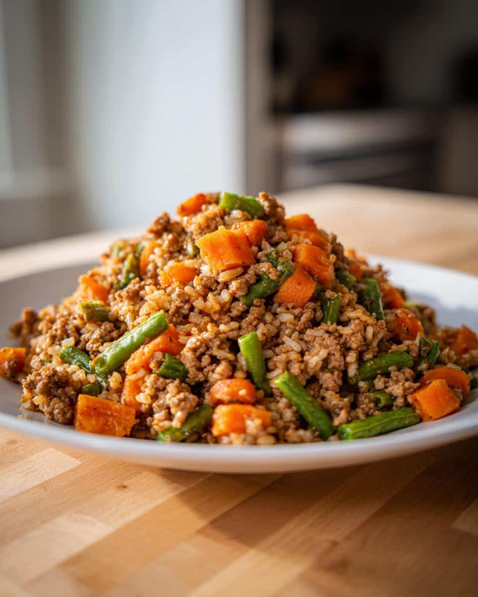 A mound of homemade Turkey Dog Food with Veggies, featuring ground turkey, rice, carrots, and green beans, served on a white plate.