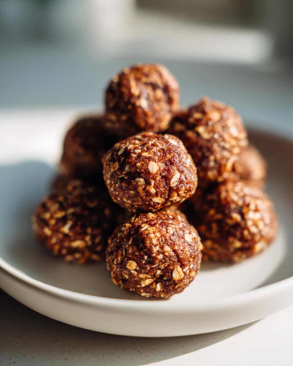 A stack of homemade Turkey Meatball Dog Treats coated in oats, resting on a light-colored plate.