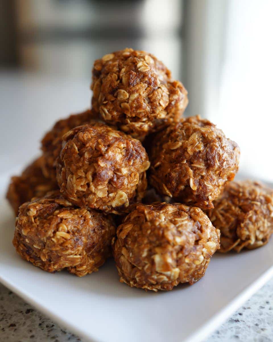 A stack of baked Turkey Meatball Dog Treats, clearly showing a texture rich in rolled oats, served on a white plate.