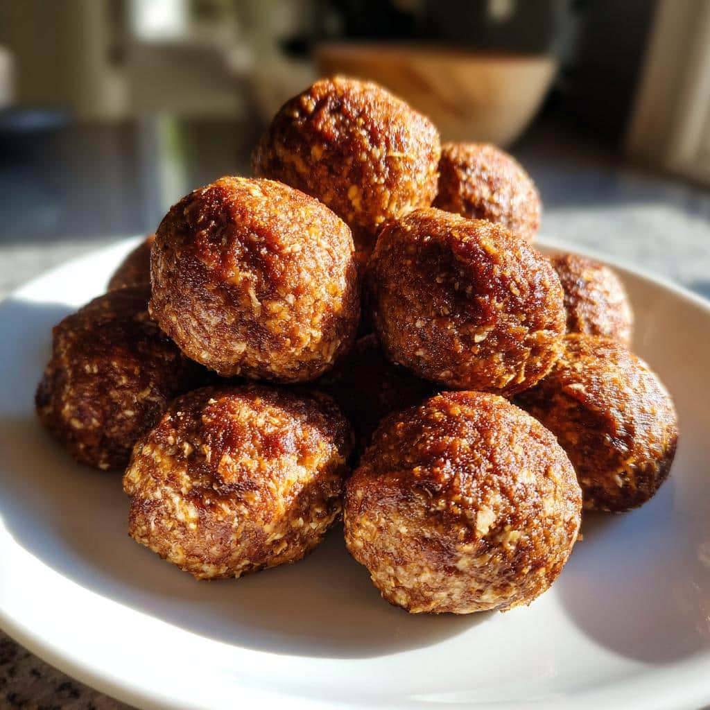 A close-up of several round Turkey Meatball Dog Treats piled high on a white plate.