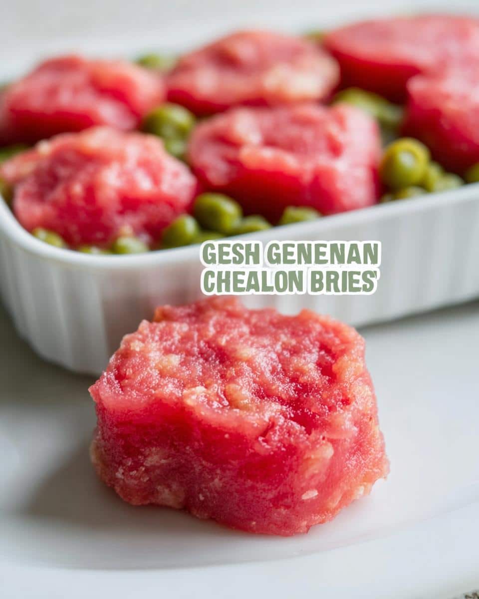 Close-up of a frozen, pink, molded Watermelon peanut butter Dog Treats next to a dish of more treats and peas.