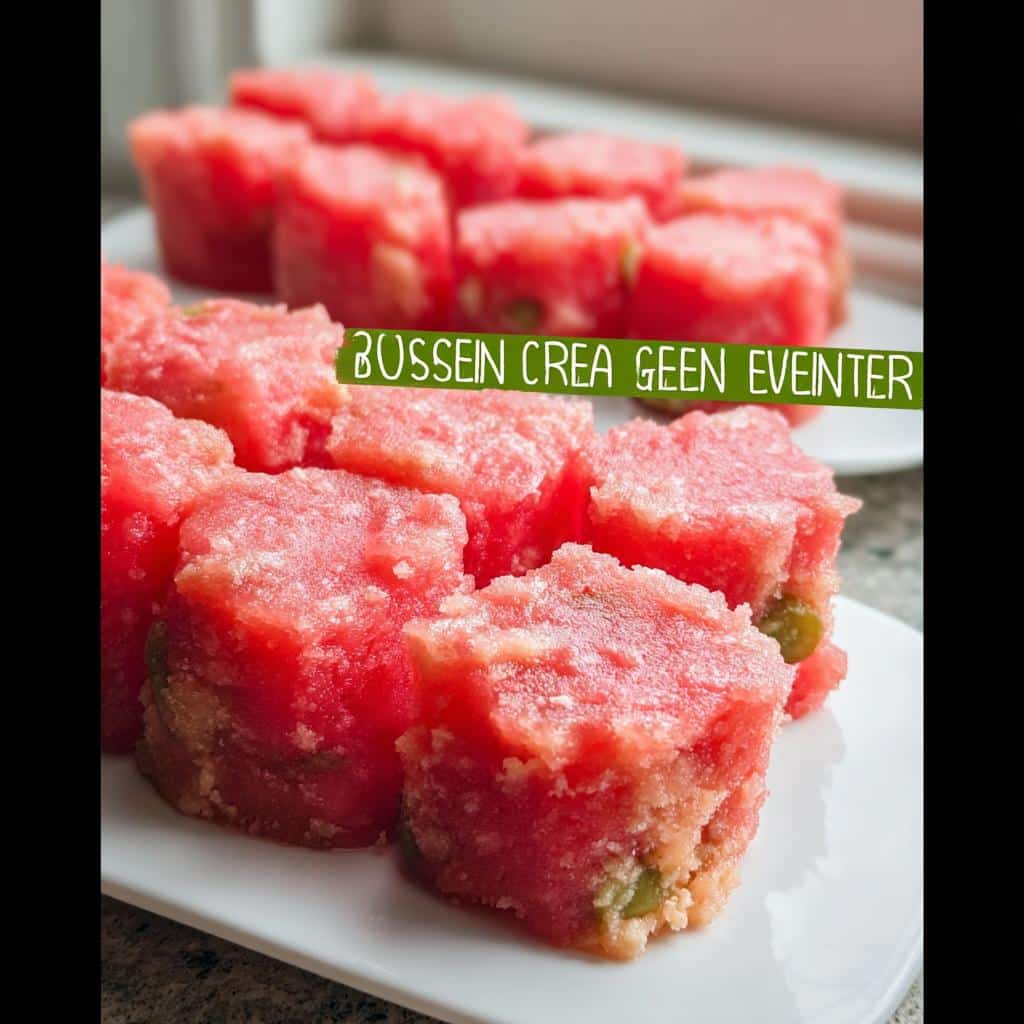 Close-up of frozen cubes of watermelon peanut butter Dog Treats served on a white plate.