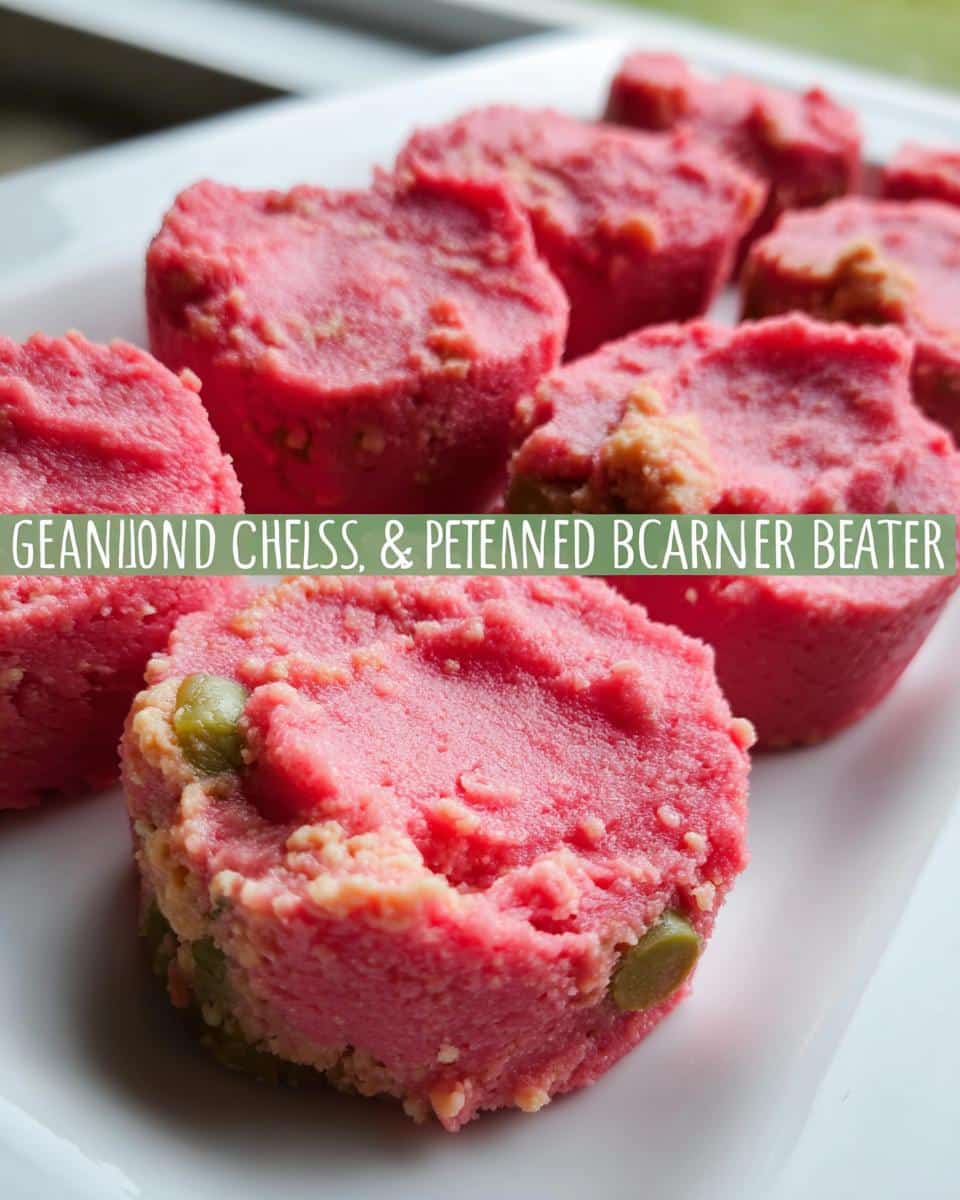 Close-up of several bright pink, molded Watermelon peanut butter Dog Treats on a white plate.