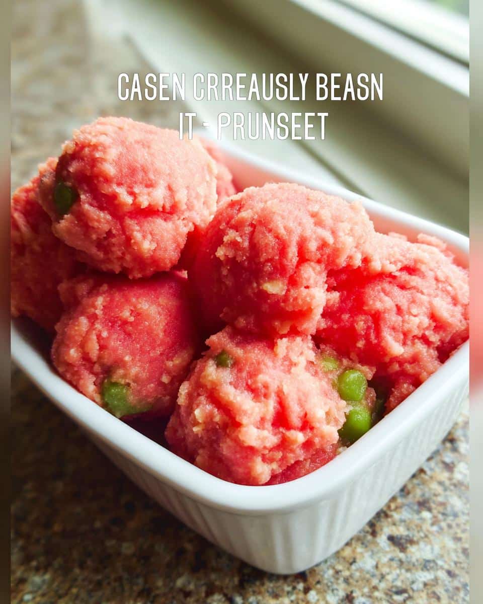 Close-up of bright pink, textured Watermelon peanut butter Dog Treats scoops with visible green pieces, served in a white bowl.