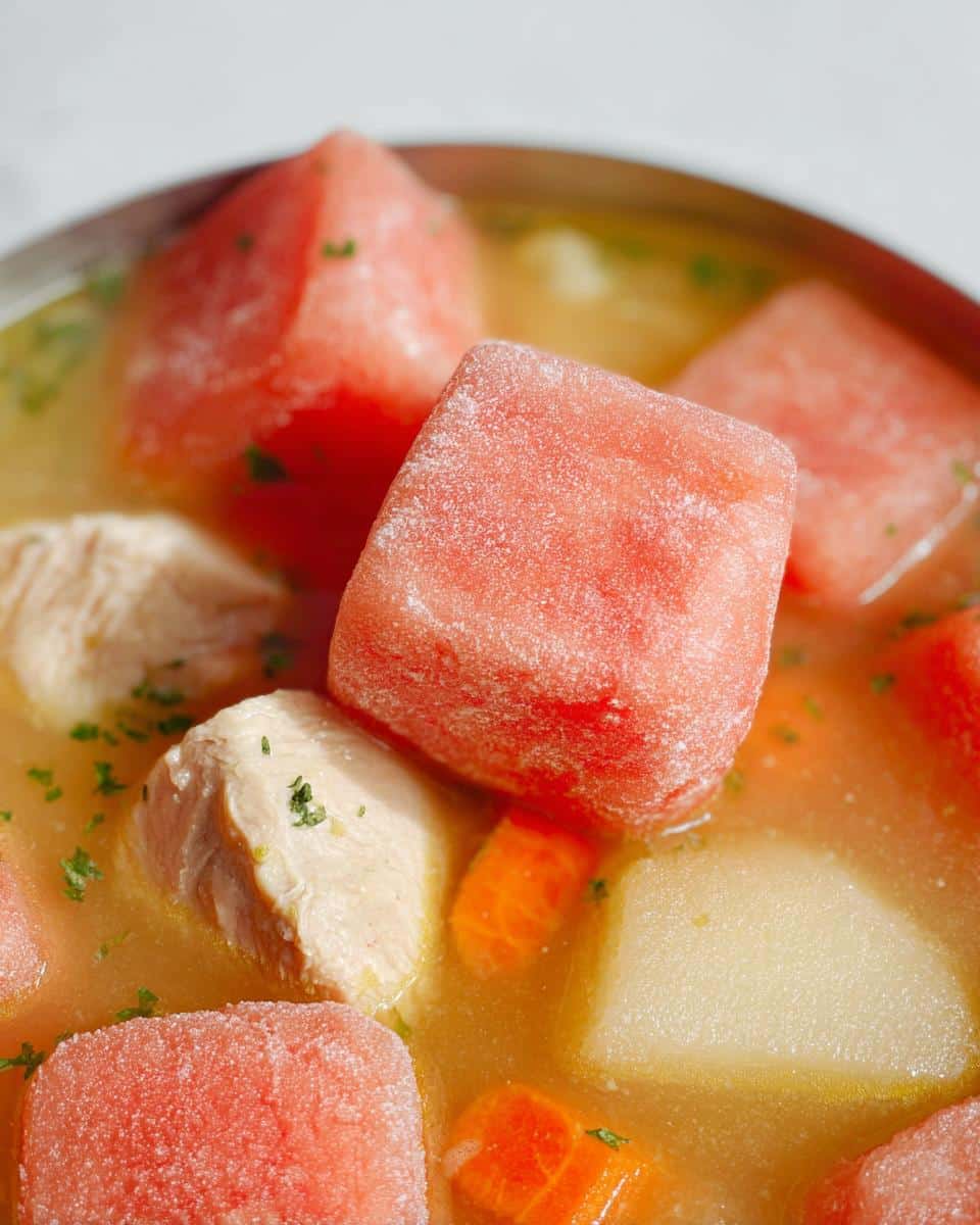 Close-up of frozen watermelon cubes melting in a savory broth with chicken and vegetables, illustrating one of the Pupsicle Recipes For Dogs.