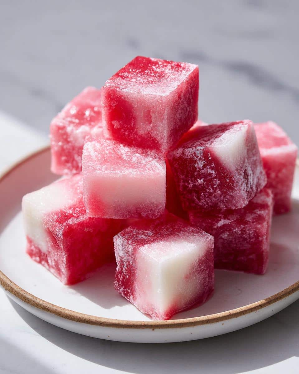 A stack of frozen, two-toned pink and white Watermelon Yogurt Freezies for dog cubes on a small white plate.