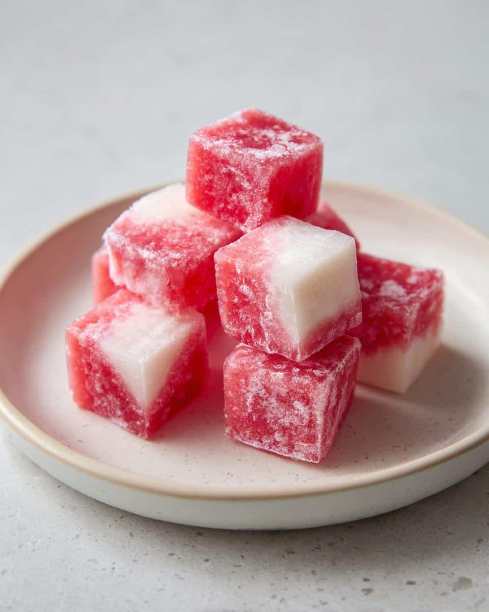 A stack of frozen watermelon yogurt freezies for dog, showing pink and white layers on a small plate.