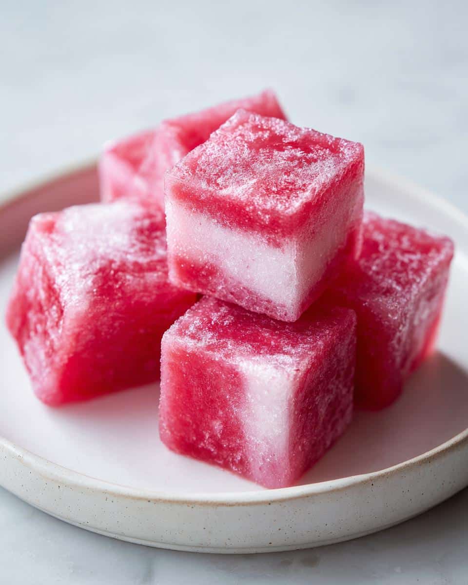 Close-up of frozen Watermelon Yogurt Freezies for dog cubes stacked on a white plate.