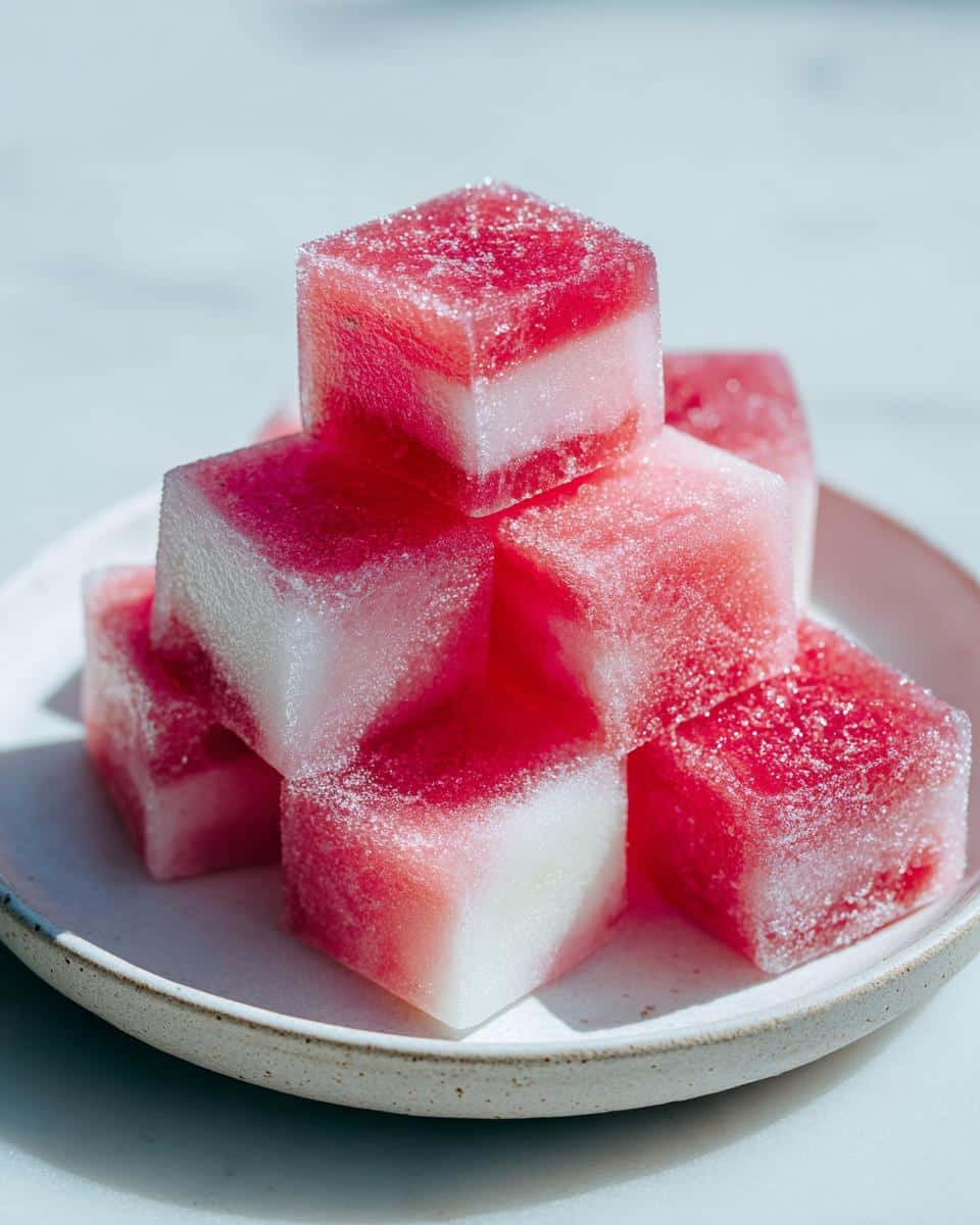 Stack of frozen Watermelon Yogurt Freezies for dog cubes showing pink and white layers on a speckled white plate.
