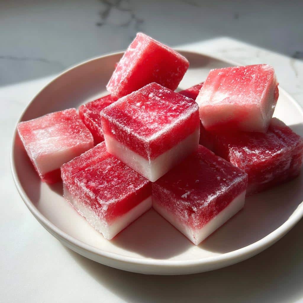A pile of frozen, two-layered Watermelon Yogurt Freezies for dog cubes on a white plate.