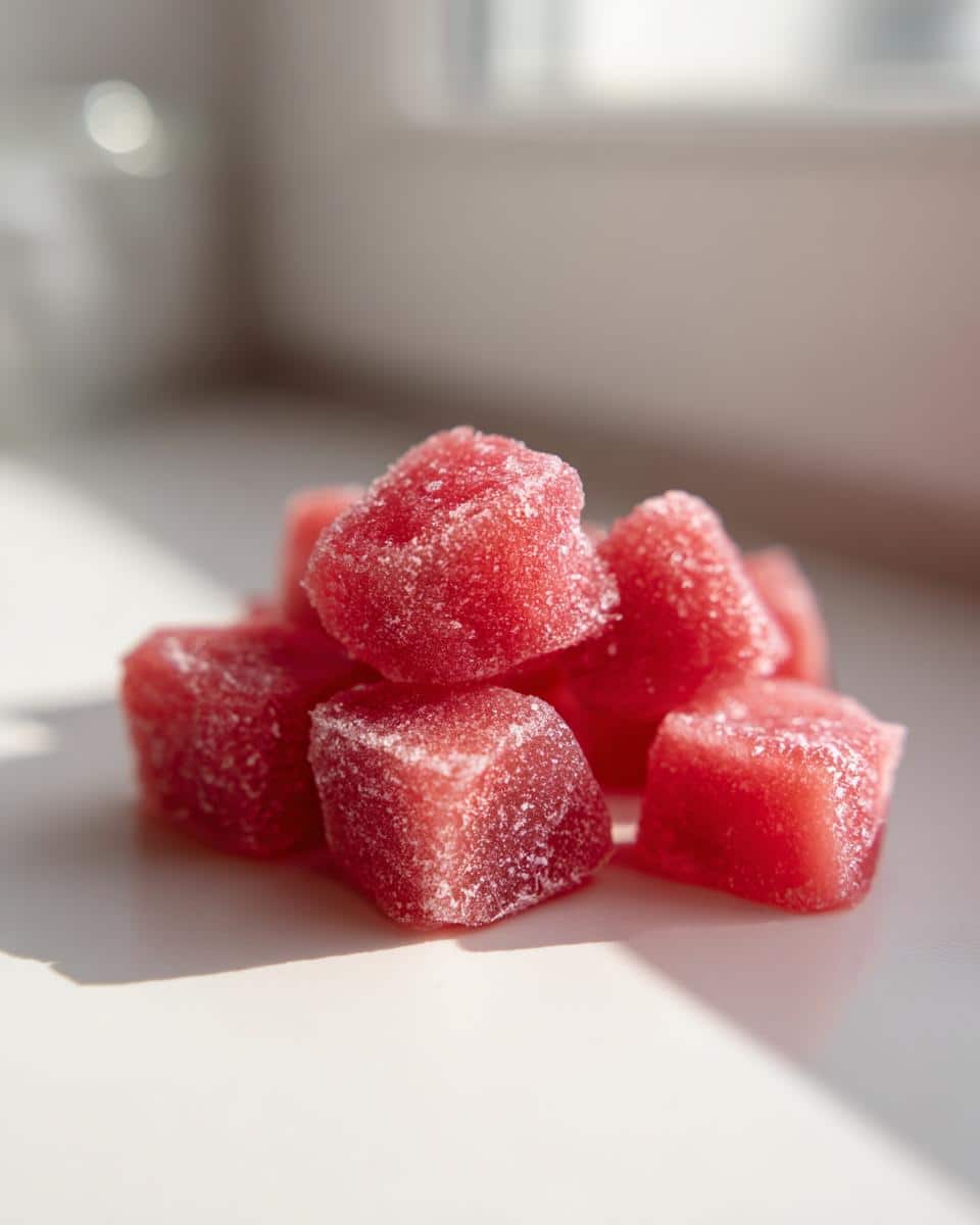 A small pile of bright red, cube-shaped Watermelon Yogurt Kibbles for Dogs, lightly dusted with a white coating.