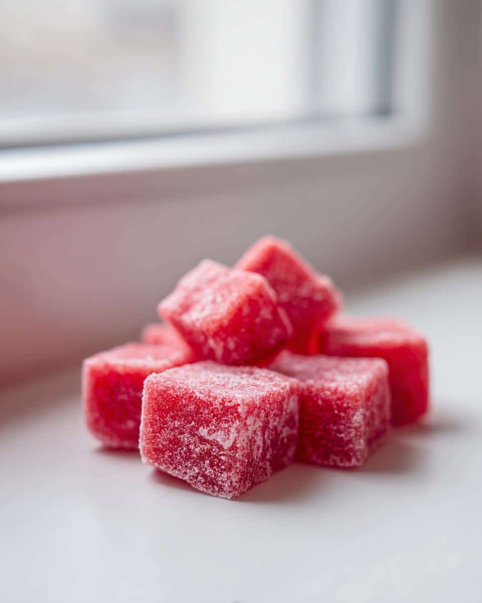 Close-up of frozen, bright pink Watermelon Yogurt Kibbles for Dogs stacked on a white surface near a window.