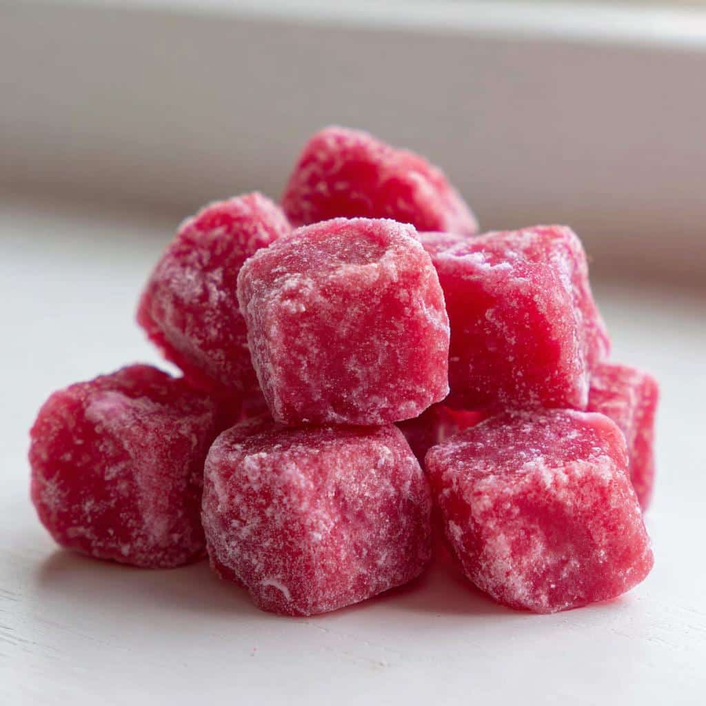 A small pile of bright pink, frozen Watermelon Yogurt Kibbles for Dogs resting on a white surface.