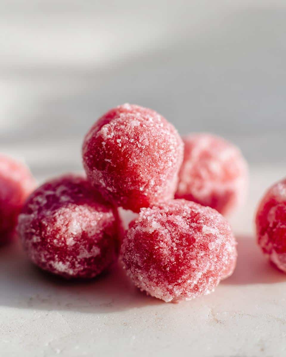 Close-up of several frozen, round Watermelon Yogurt Kibbles for Dogs coated in a light frost or sugar-like texture.