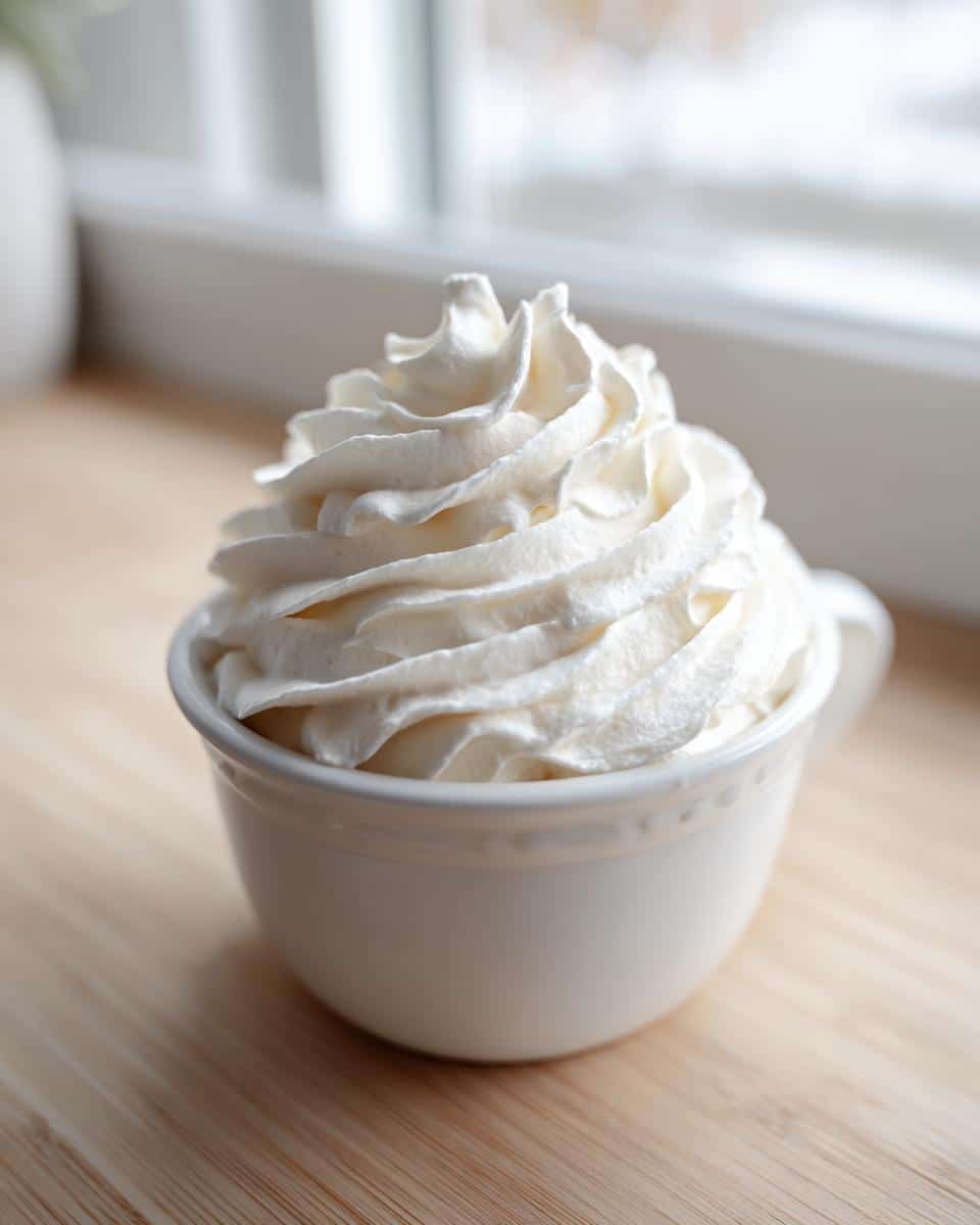 Close-up of a white cup filled high with perfectly piped whipped cream for a DIY Starbucks Puppuccino for Dogs.
