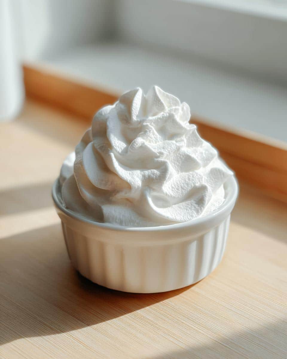A small white ramekin filled with perfectly piped whipped cream, ready for a DIY Starbucks Puppuccino for Dogs.