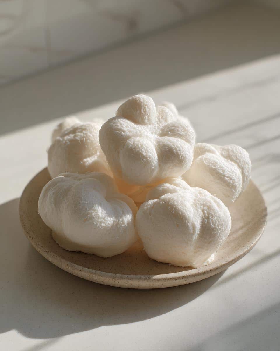 Five fluffy, white Coconut banana omega Gummies shaped like small pom-poms resting on a speckled ceramic plate.