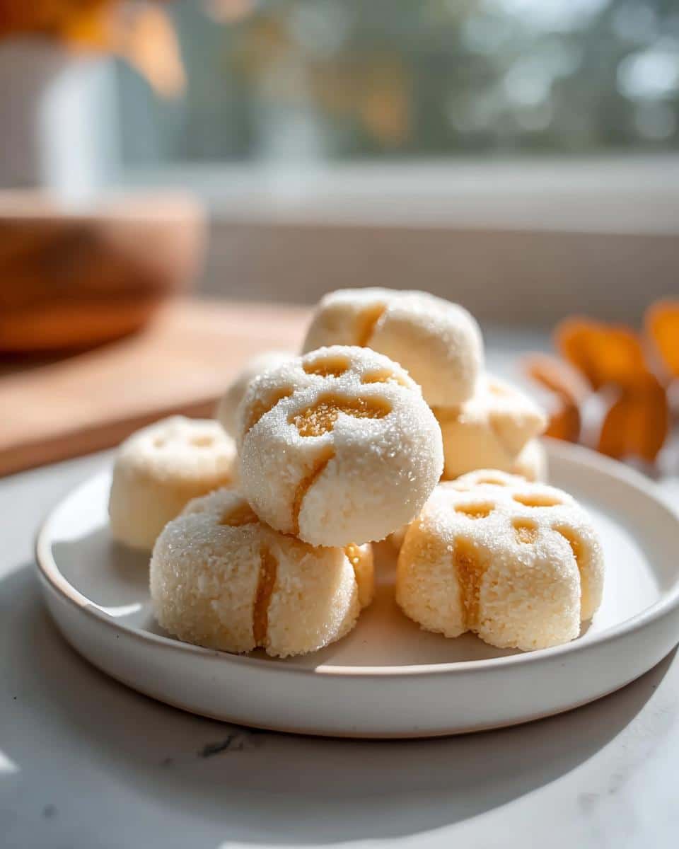A stack of pale, flower-shaped yogurt dog treats coated in fine sugar or coconut flakes on a white plate.