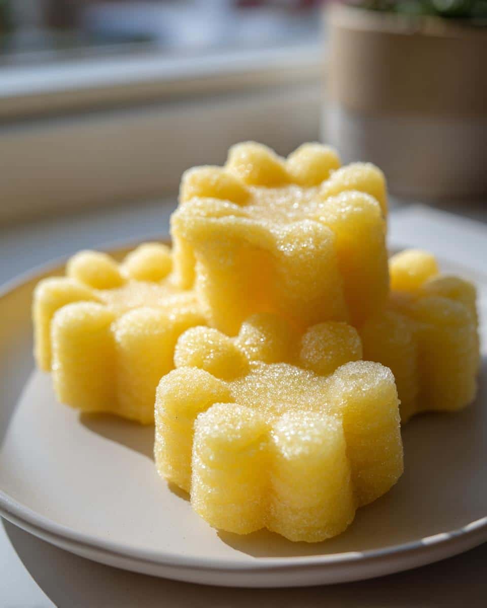 Three bright yellow, flower-shaped Apple Banana Pawsicles for Dogs stacked on a light plate.