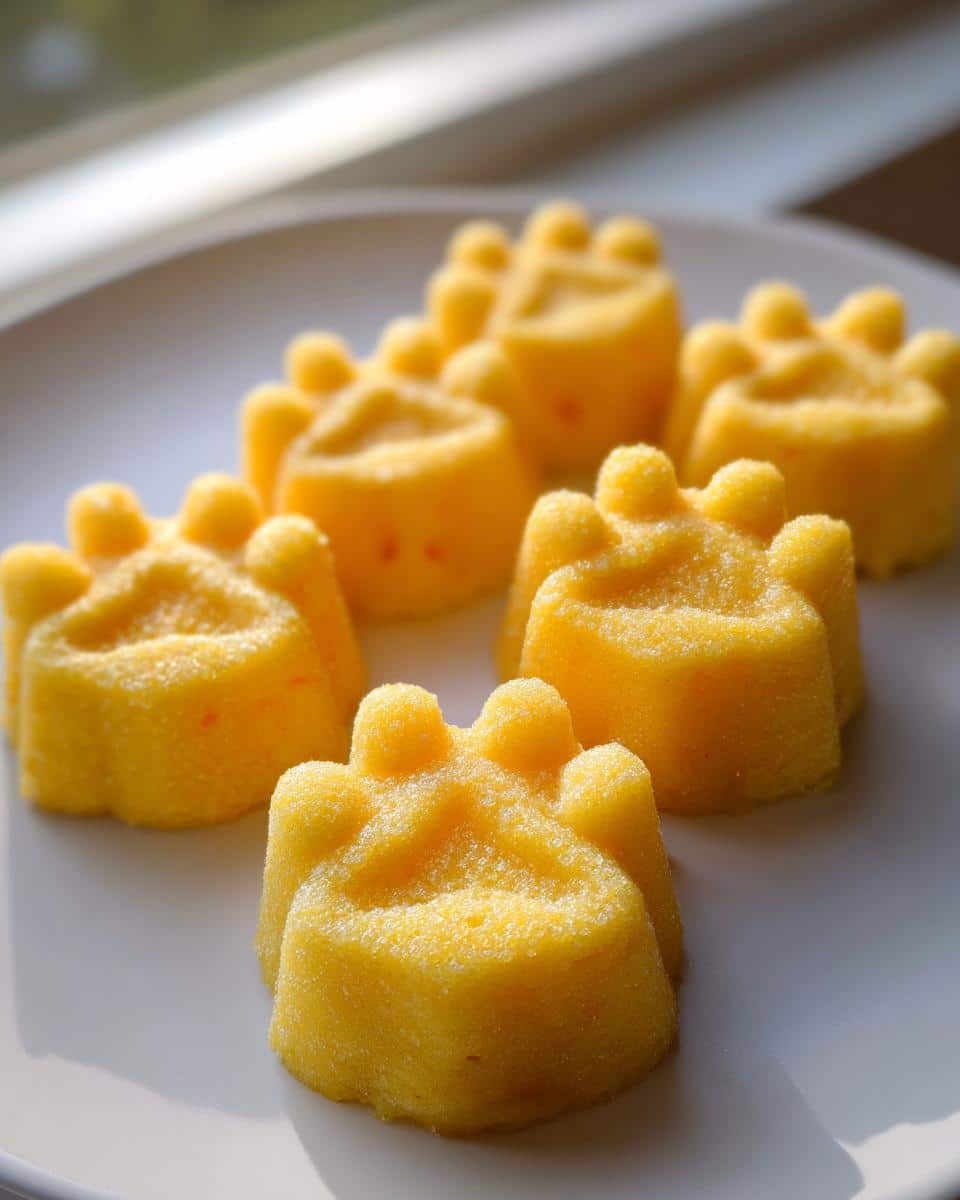 Five bright yellow, paw-shaped Apple Banana Pawsicles for Dogs arranged on a white plate near a window.