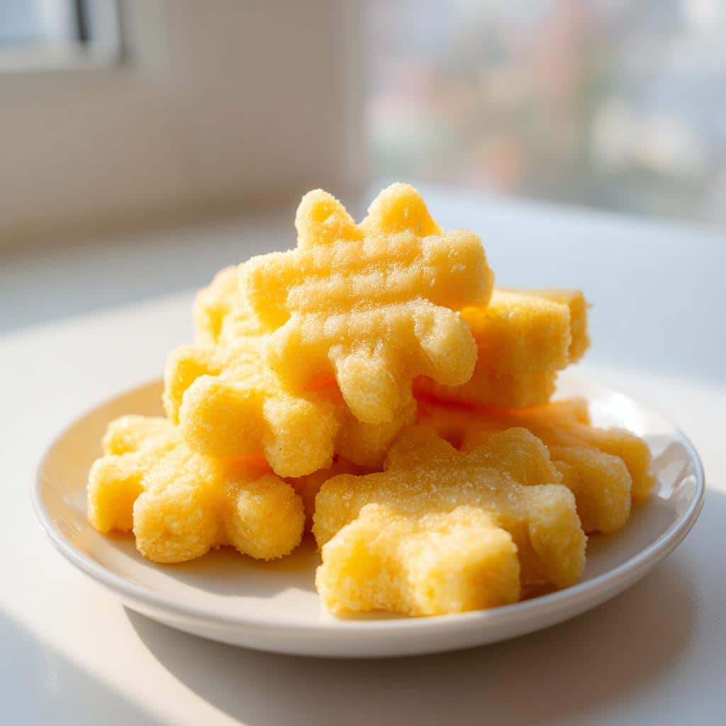 A pile of bright yellow, paw-shaped frozen treats, Apple Banana Pawsicles for Dogs, resting on a small white plate.