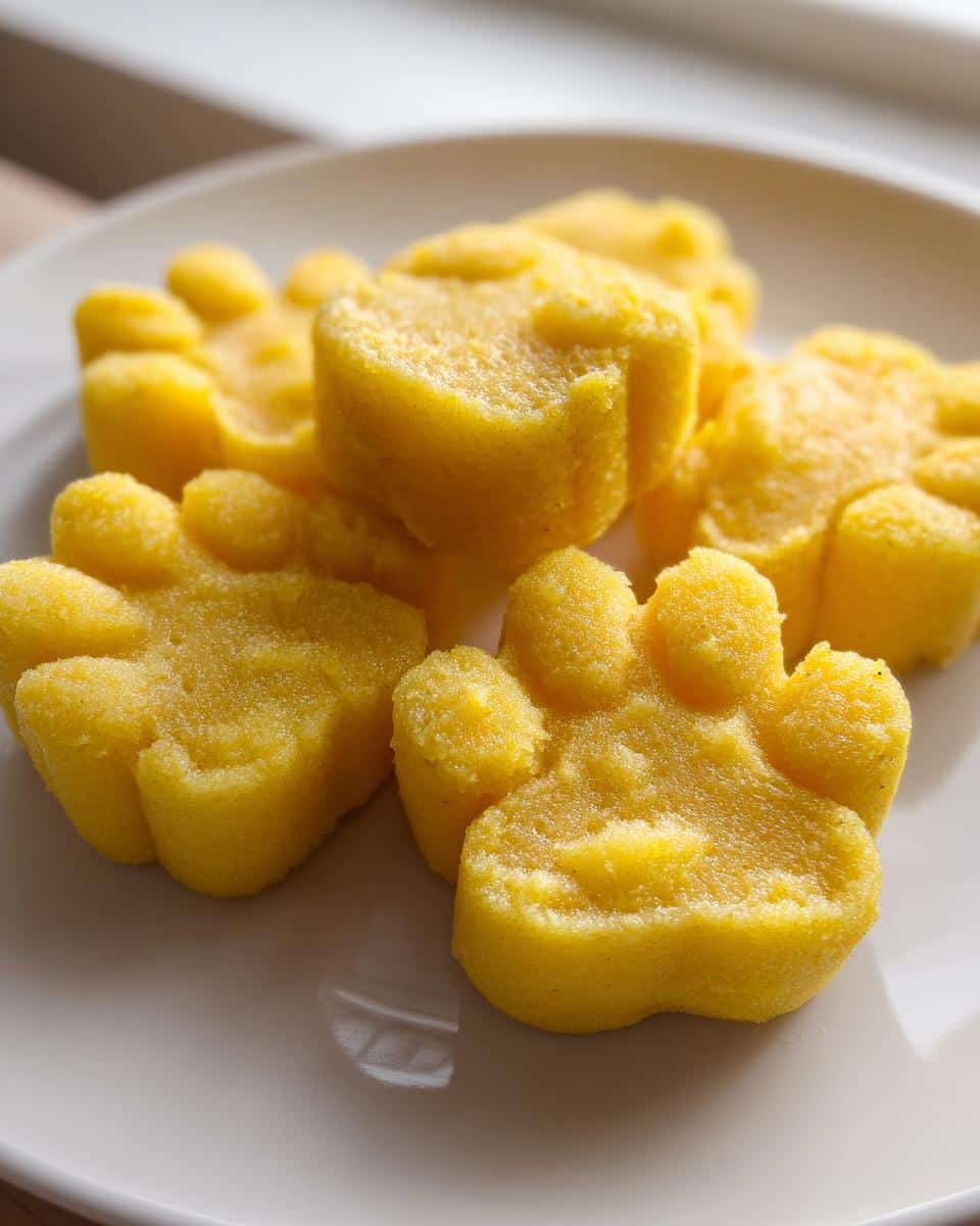Close-up of several bright yellow, frozen Apple Banana Pawsicles for Dogs shaped like paw prints on a white plate.