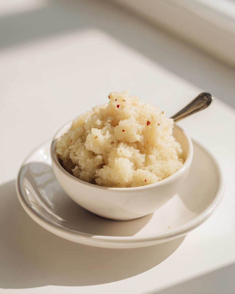 A small white bowl filled with grated apple and ginger mixture for an apple ginger anti-nausea dog remedy.