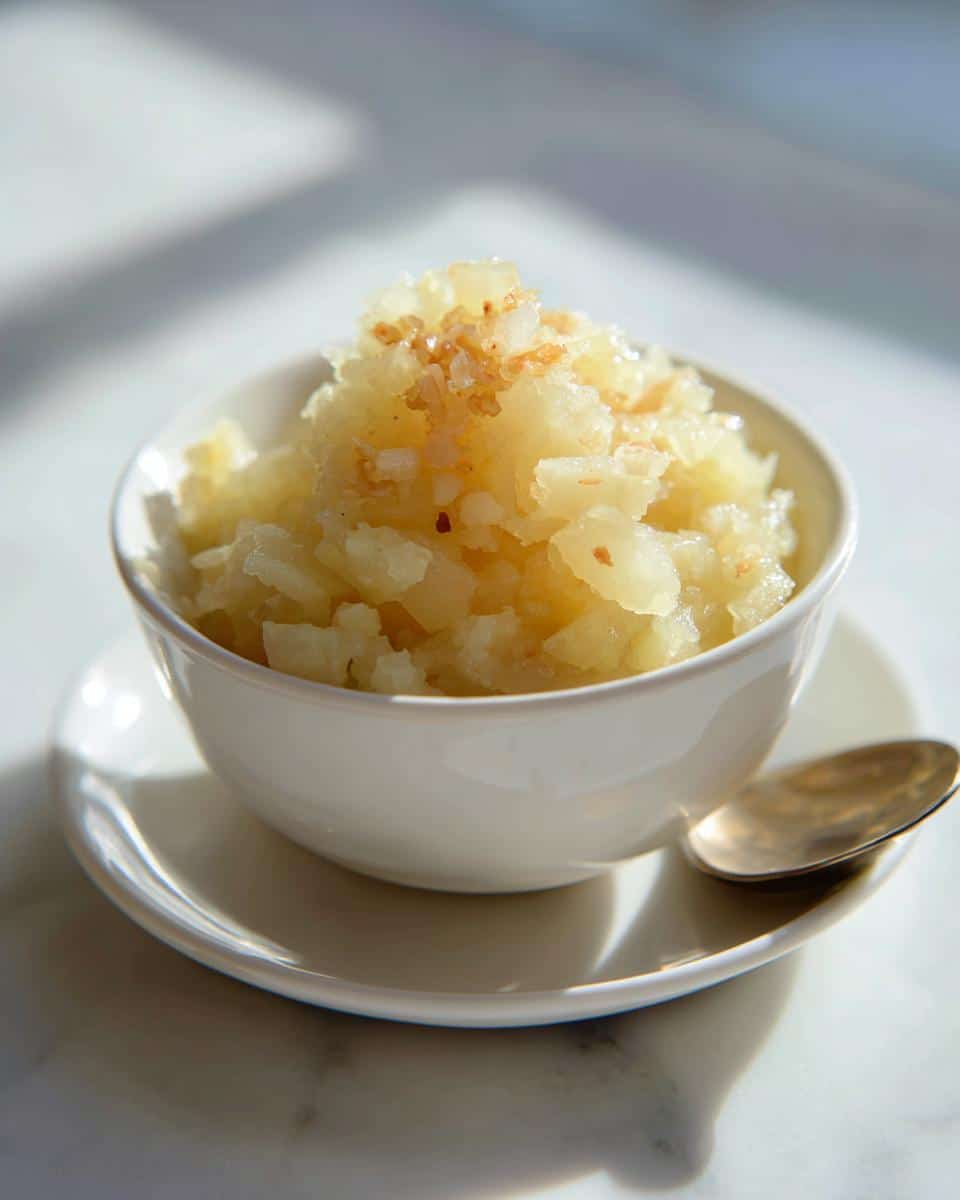 Small white bowl filled with grated apple and ginger mixture for an apple ginger anti-nausea dog remedy.