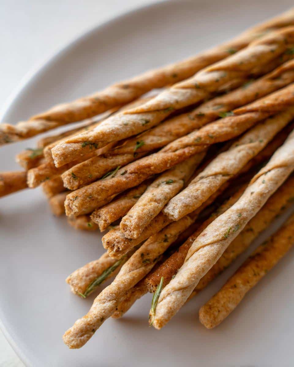 Close-up of baked, twisted Apple parsley dental fresh dog sticks piled on a light gray plate.