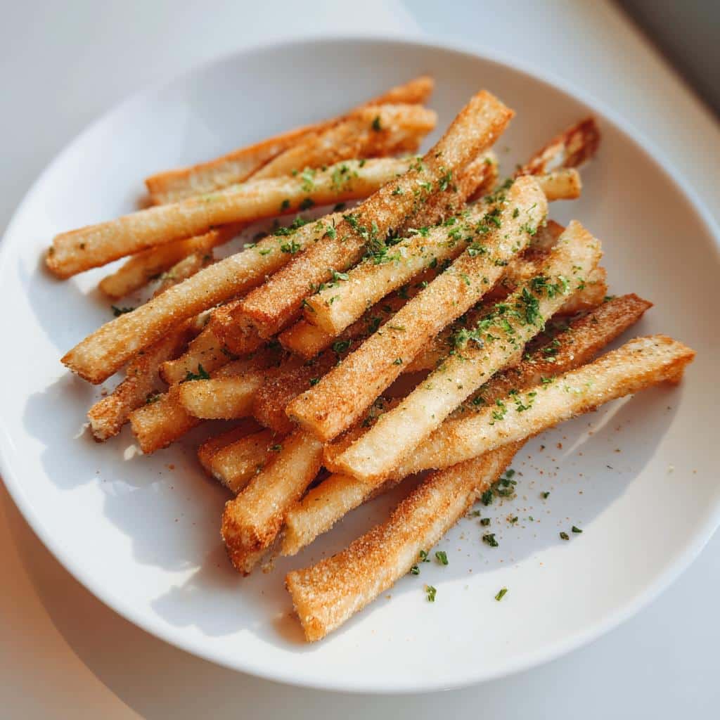 Crispy, seasoned sticks resembling fries, representing Apple parsley dental fresh dog sticks, sprinkled with green herbs.