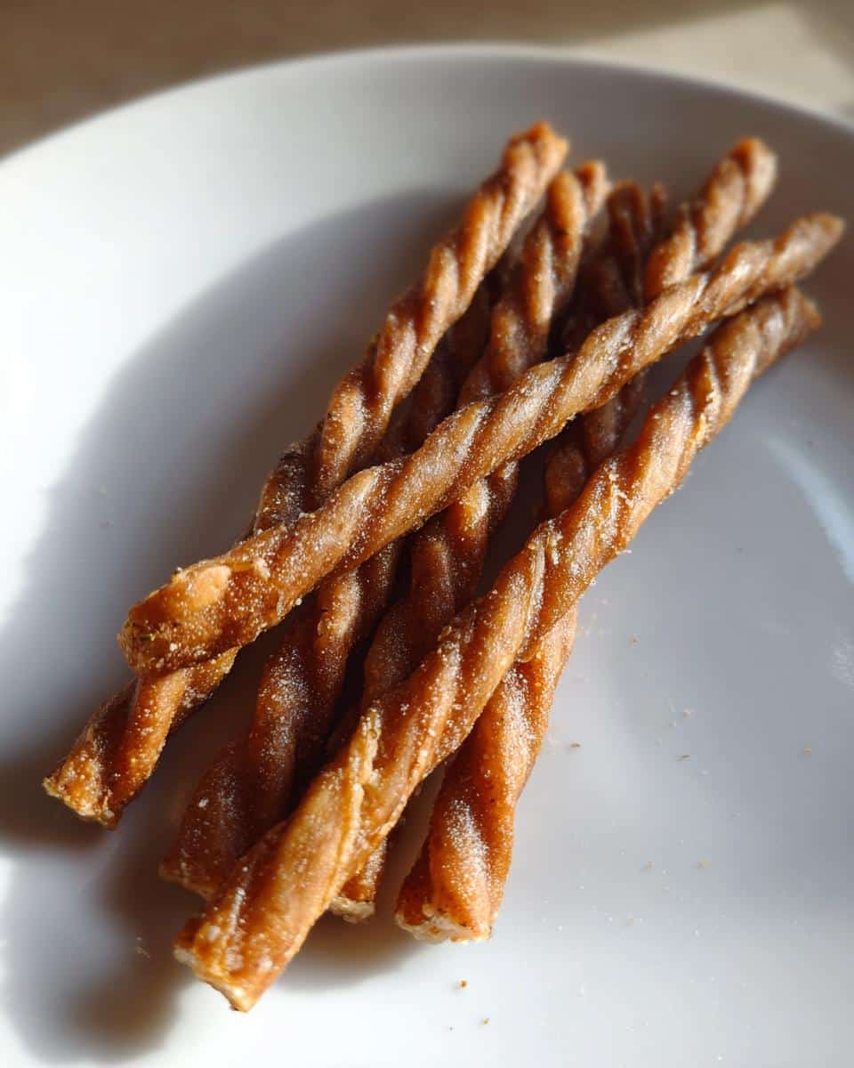 A pile of twisted, brown Apple parsley dental fresh dog sticks resting on a white plate under bright light.