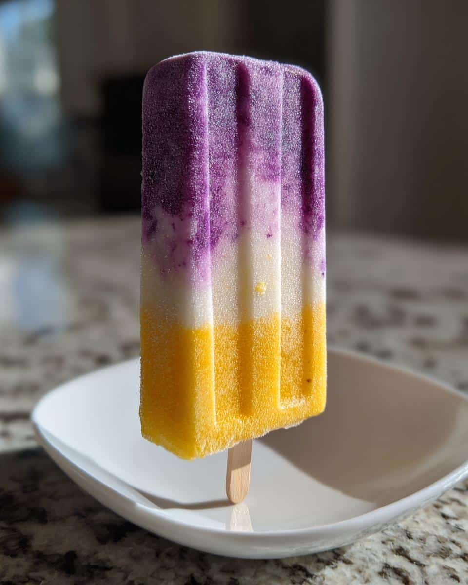 A colorful, layered Banana berry Frozen pup pops with purple, white, and yellow sections, resting on a small white dish.