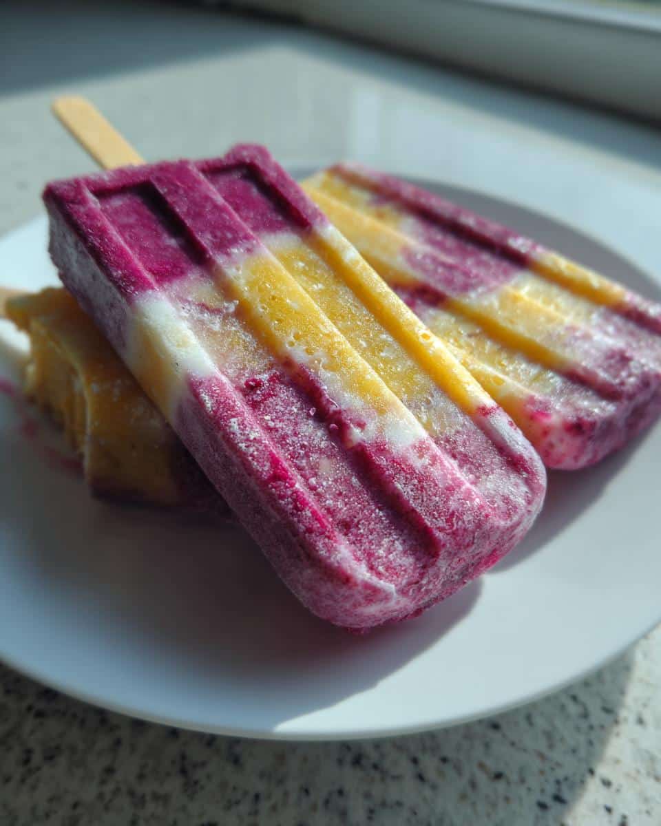 Close-up of layered, colorful Banana berry Frozen pup pops on a white plate, glistening with frost.
