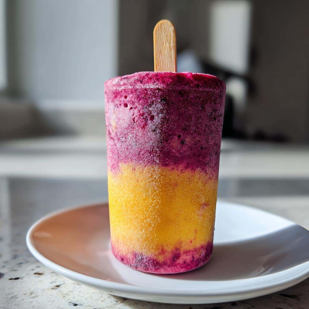 A vibrant, two-layered Banana berry Frozen pup pops with yellow and purple layers, resting on a small white plate.