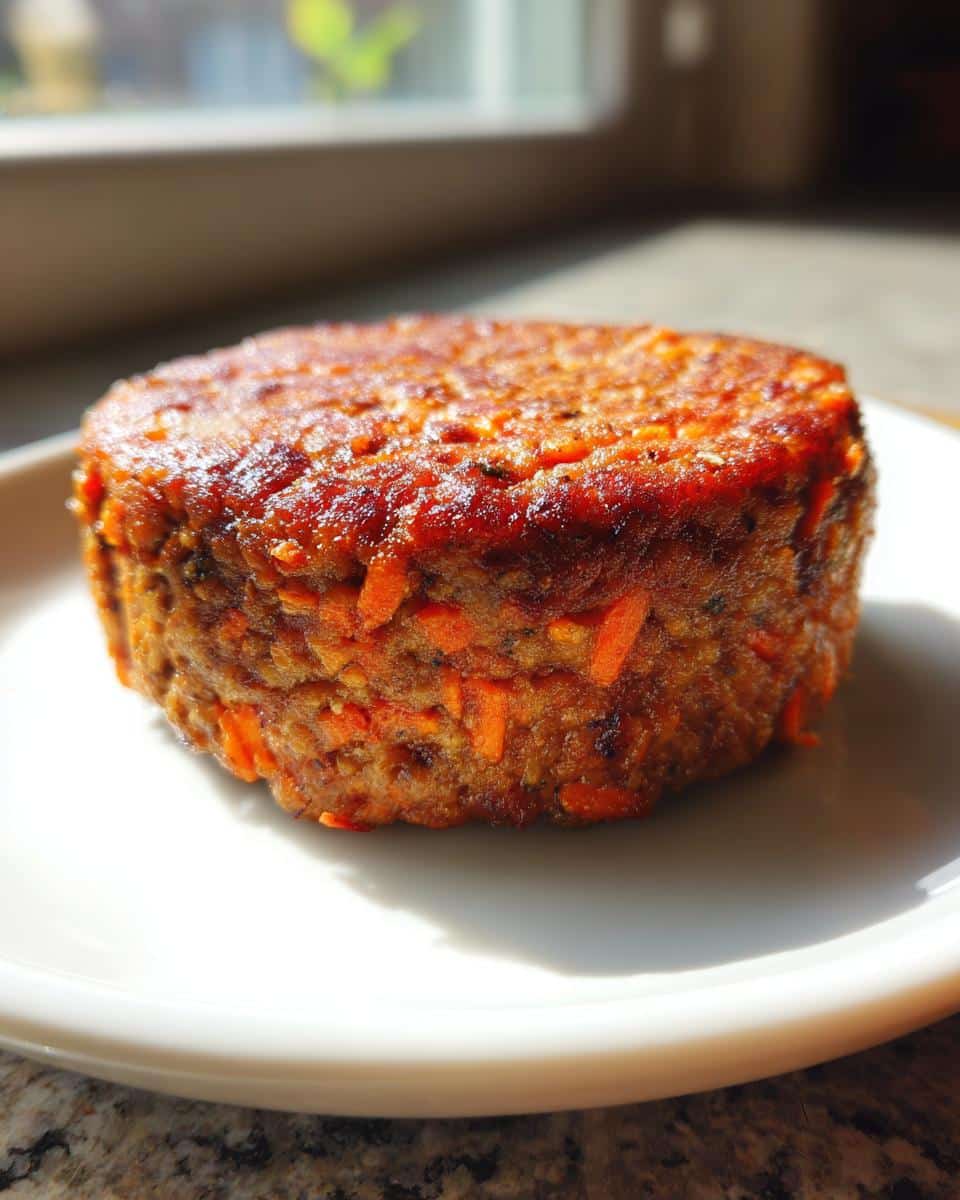 A single, perfectly formed Beef & Carrot Burger for Dogs, showing visible shreds of orange carrot, resting on a white plate.