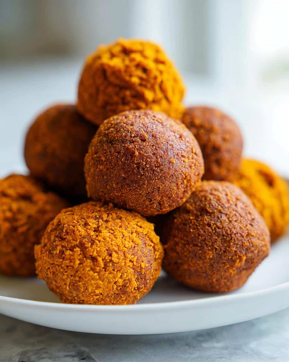 A stack of freshly made, dark brown and orange Beef and Pumpkin Balls for Dogs on a white plate.