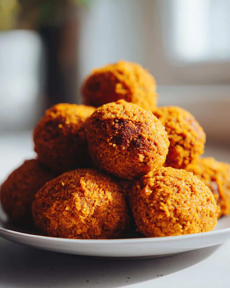 A close-up stack of homemade, orange-hued Beef and Pumpkin Balls for Dogs resting on a white plate.