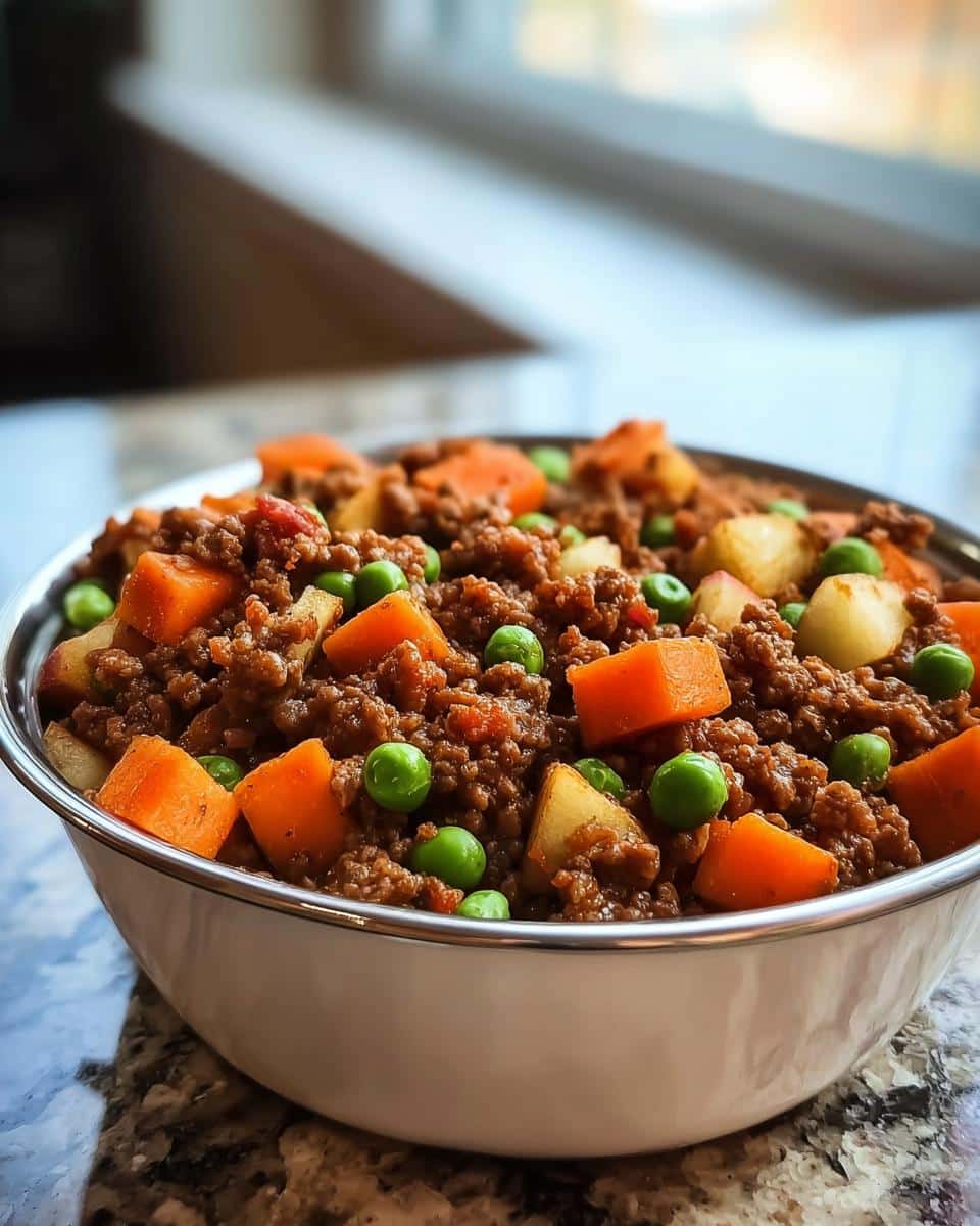 Close-up of a dog-friendly Beef, Apple, and Veggie Bowl Recipe for Dogs mixture in a white bowl.