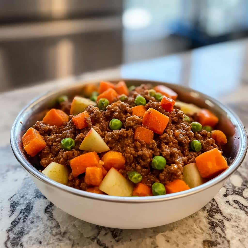 A close-up of a dog's meal featuring ground beef, diced carrots, peas, and apple chunks in a white bowl.