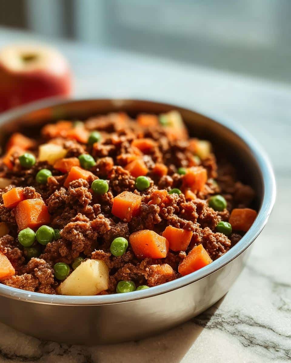 Close-up of a dog bowl filled with a homemade Beef, Apple, and Veggie Bowl Recipe for Dogs mixture, showing ground beef, carrots, peas, and potatoes.