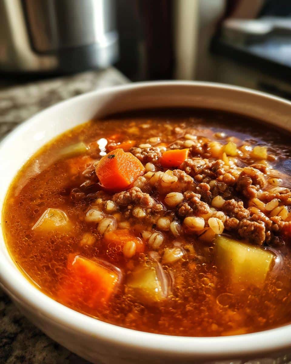 Close-up of a bowl of Beef & Barley Soup for Dogs, showing ground beef, barley, and chunks of carrot in a rich broth.