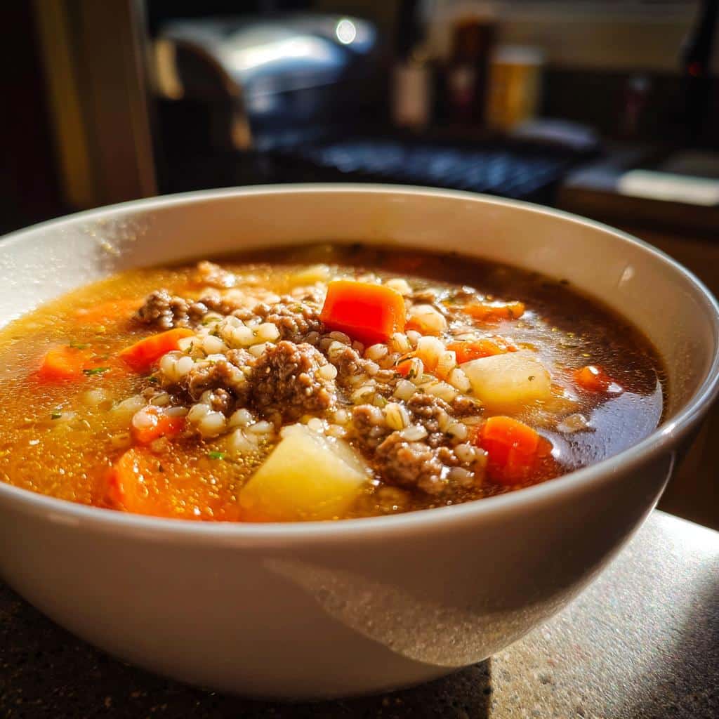 Close-up of a white bowl filled with rich Beef & Barley Soup for Dogs, showing ground beef, carrots, and barley.