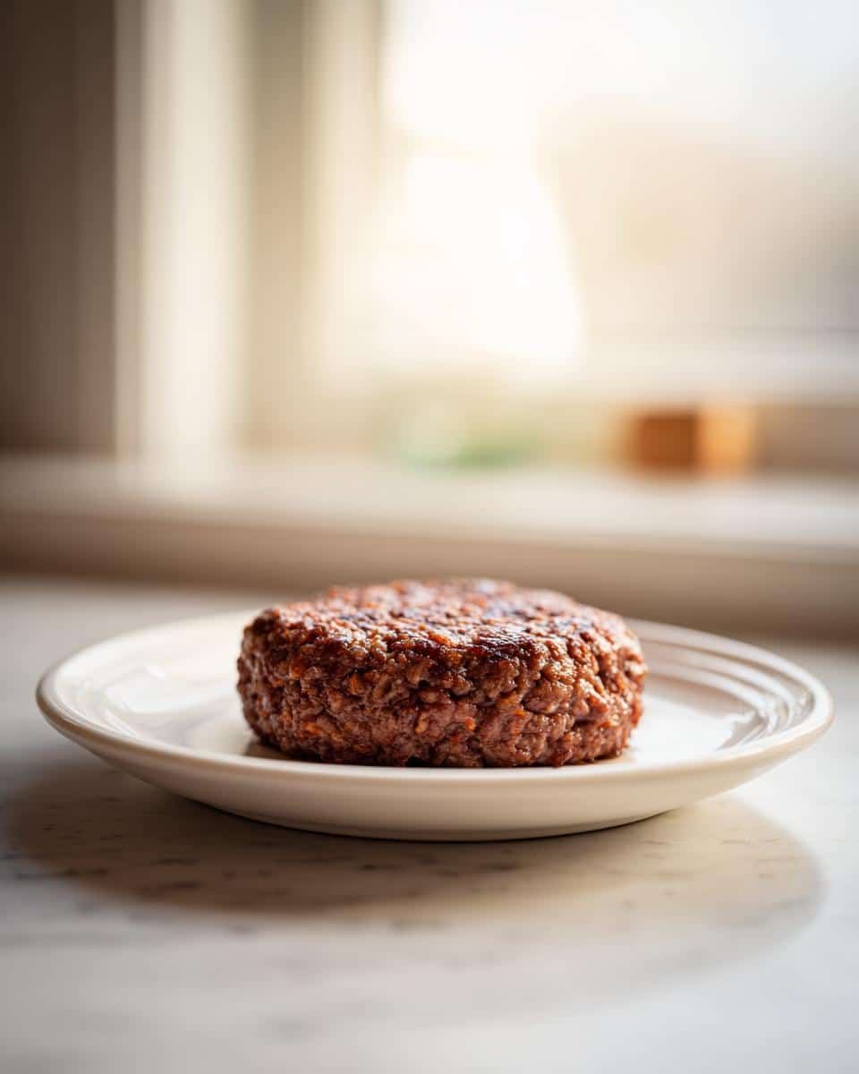 A single, cooked Beef & Carrot Burger for Dogs resting on a small white plate near a bright window.