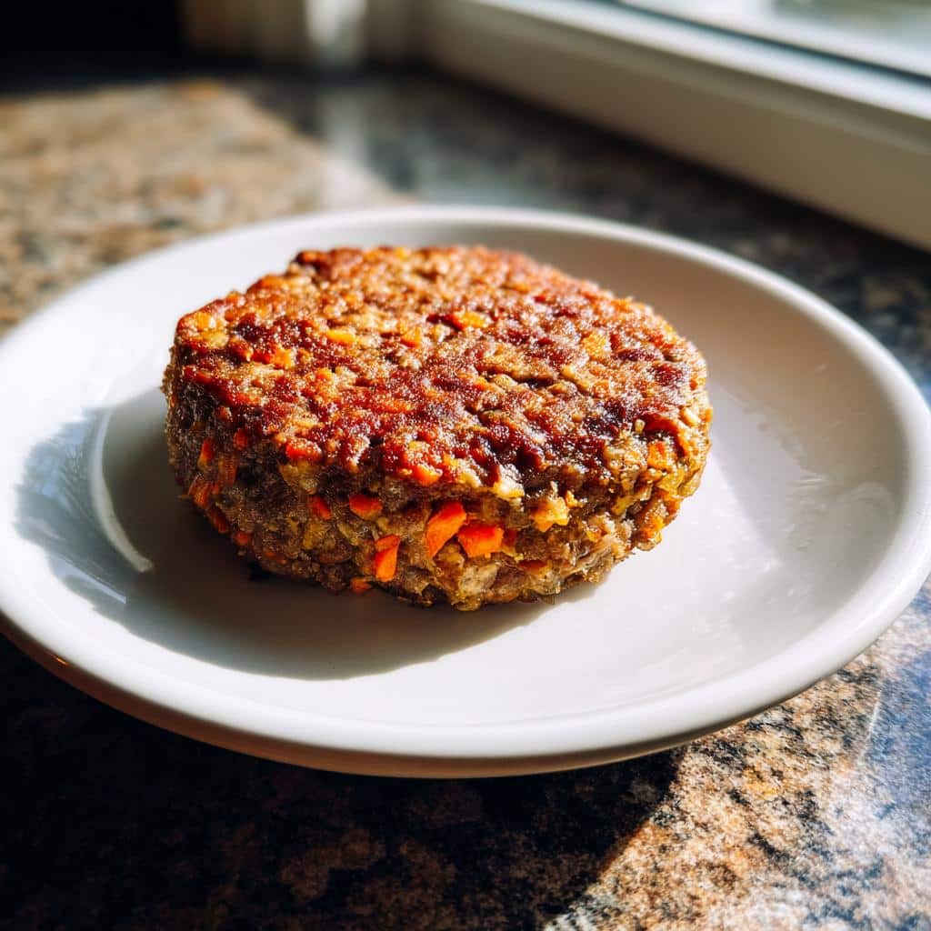 A single, perfectly formed Beef & Carrot Burgers for Dogs patty resting on a small white plate, illuminated by sunlight.