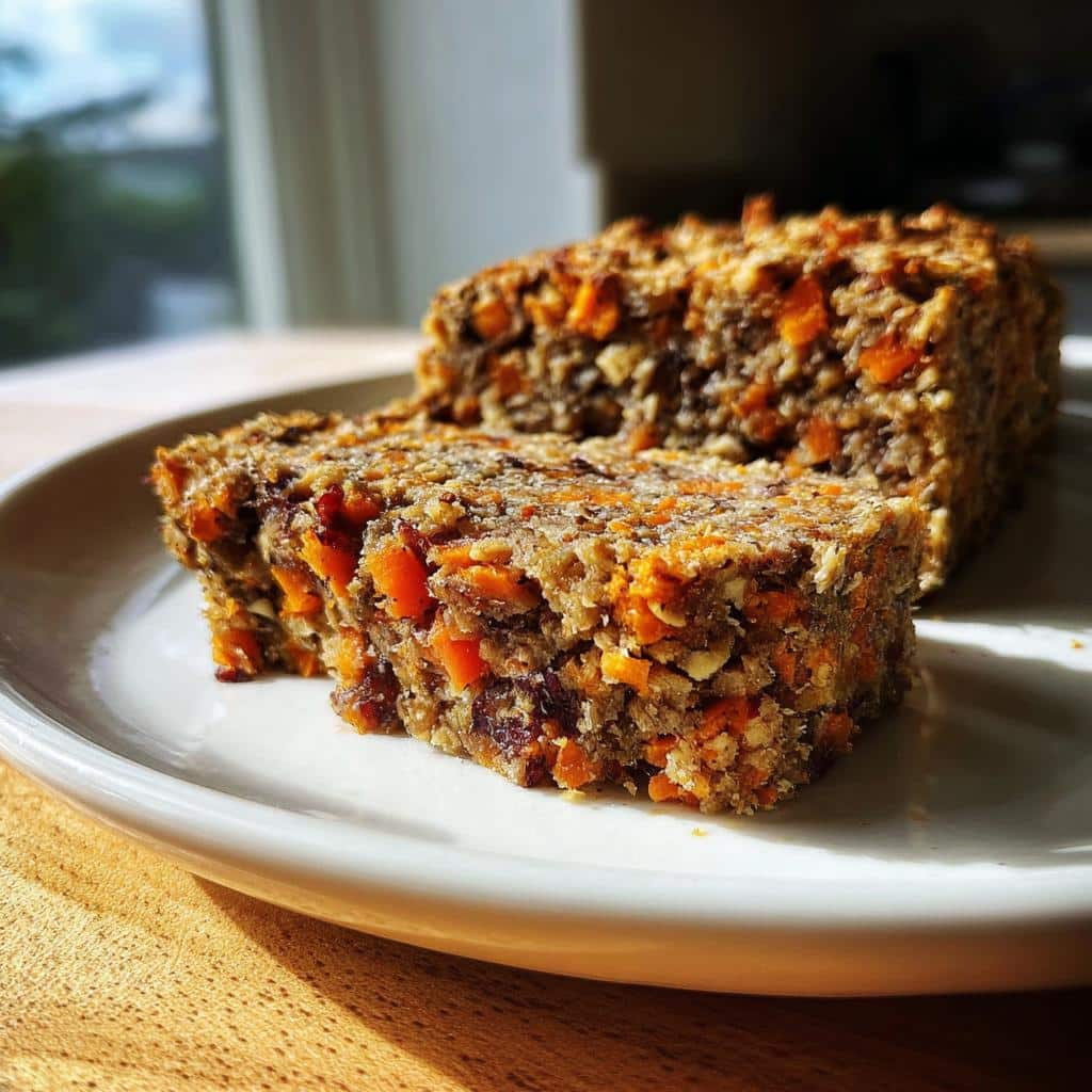 A close-up of a sliced Beef Carrot Oat Dog Food Roll, showing visible chunks of carrot and oat texture.