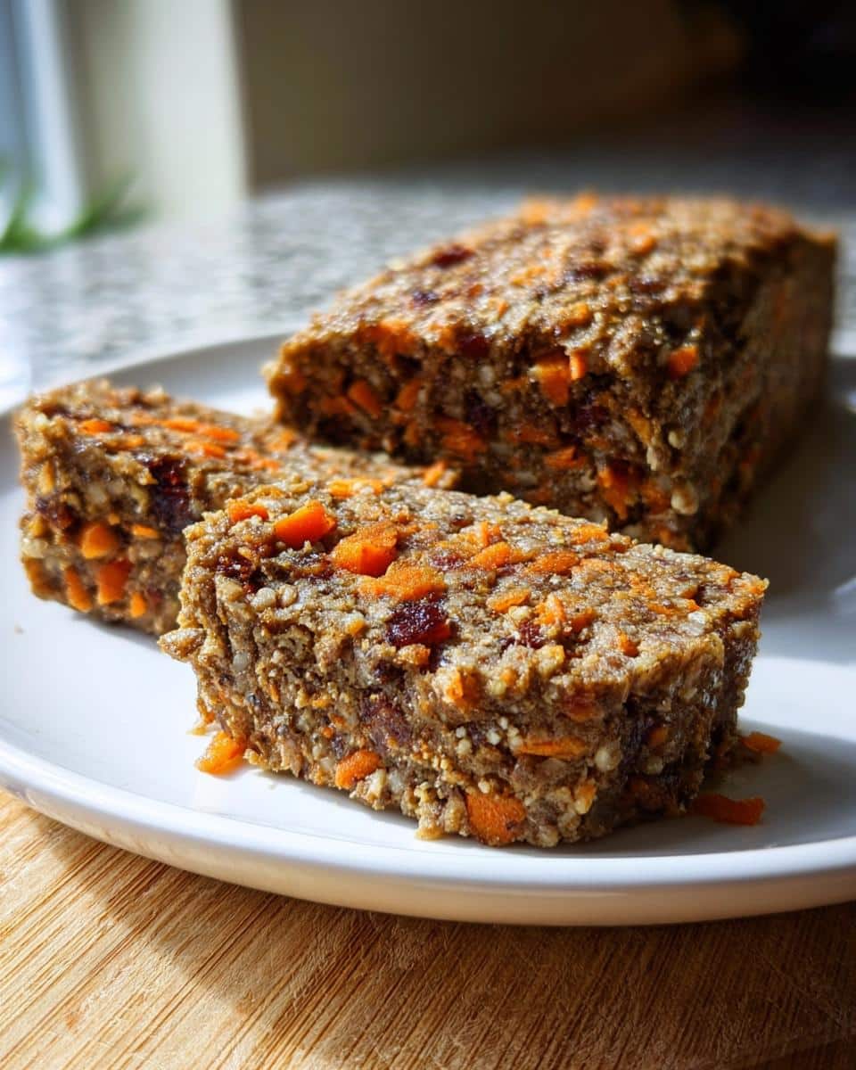 Slices of homemade Beef Carrot Oat Dog Food Roll showing chunks of bright orange carrot and dark red bits on a white plate.